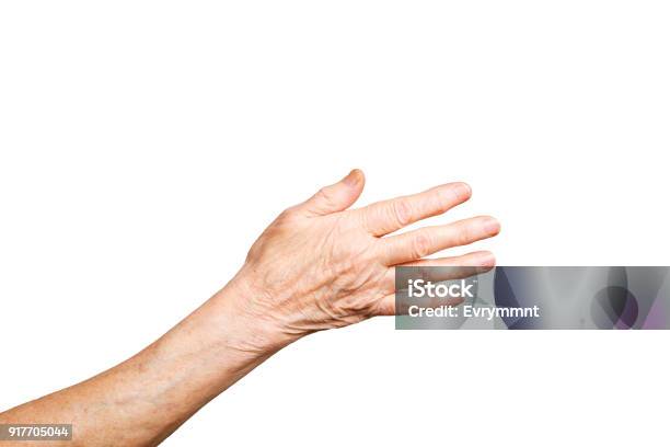 Senior Female Gesture Language Hands Signs Isolated On Solid White Background Old Female In Her Seventies Eighties Showing Arms Forearms Stock Photo - Download Image Now