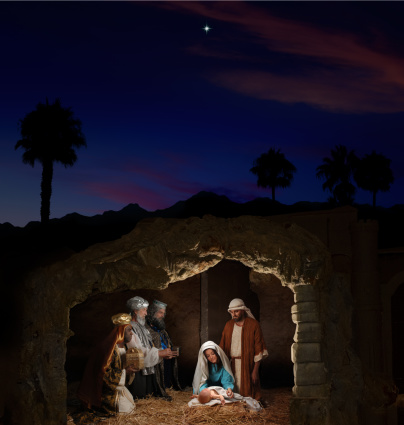 Figures of a traditional nativity scene: cave with shepherds: Jesus, Maria and Jose