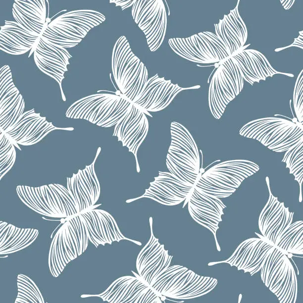 Vector illustration of ПечатьSeamless pattern with hand drawn dragonfly and butterflies icons in flat style. Vector background.