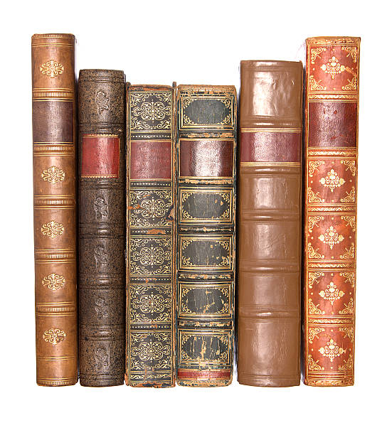 Row of old leather bound books stock photo