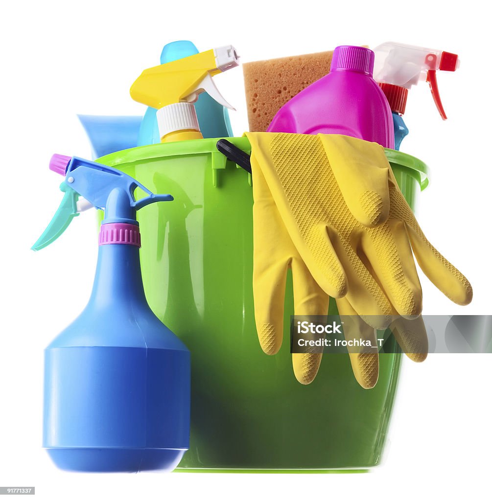 Cleaning supplies in a green bucket  Bath Sponge Stock Photo