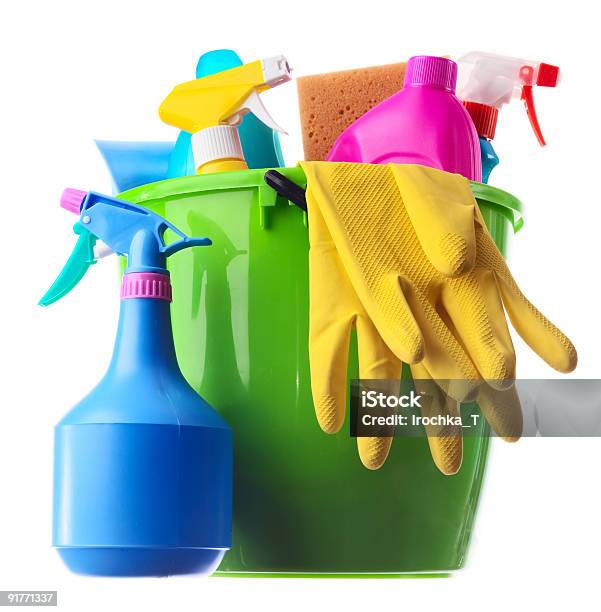 Cleaning Supplies In A Green Bucket Stock Photo - Download Image Now - Bath Sponge, Bottle, Bucket