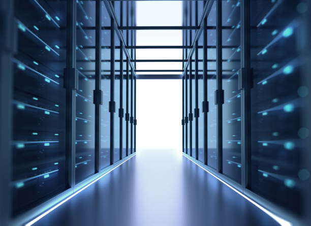 istock Corridor of  server room with server racks in datacenter. 3d illustration 917715198