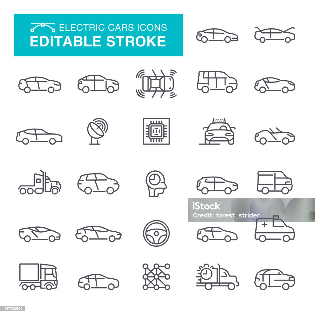 Electric Cars Editable Stroke Icons Electric Cars Icon Set Editable Stroke Car stock vector