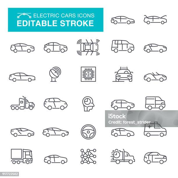 Electric Cars Editable Stroke Icons Stock Illustration - Download Image Now - Car, Icon Symbol, Driving