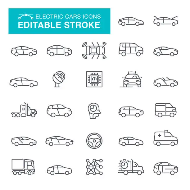 Vector illustration of Electric Cars Editable Stroke Icons
