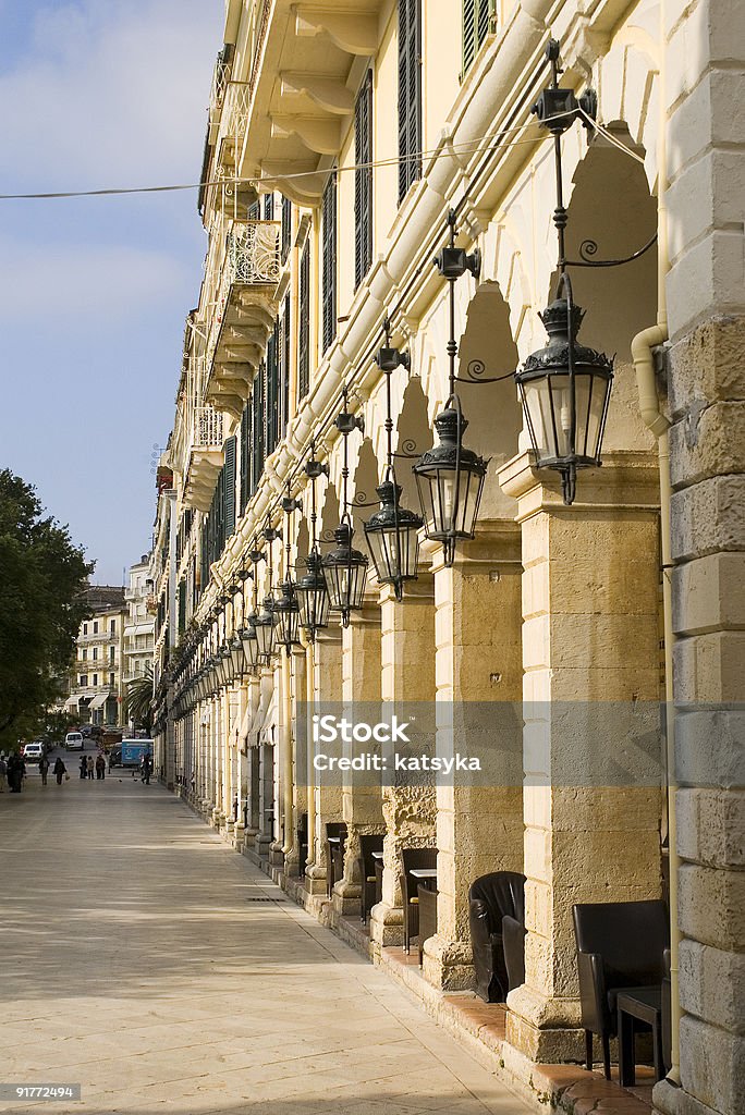 Arches and lanterns in line, Corfu, Greece  Arch - Architectural Feature Stock Photo