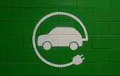 Electric vehicle parking only sign, on green brick wall background .