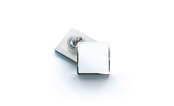 Blank white silver lapel badge mock ups stack Blank white silver lapel badge mock ups stack, 3d rendering. Empty luxury hard enamel pin mockup. Metallic clasp-pin design template. Expensive square brooch for logo presentation. cufflink stock pictures, royalty-free photos & images