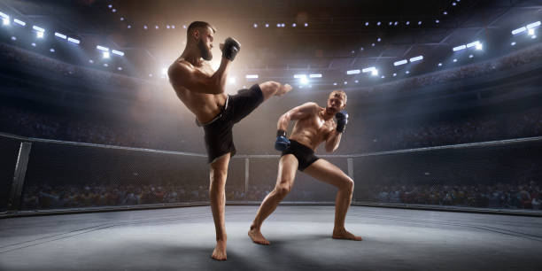 MMA fighters in professional boxing ring Muscular Mixed Martial Arts athletes fight in professional ring. Boxer attacks the opponent and strikes. mixed martial arts photos stock pictures, royalty-free photos & images
