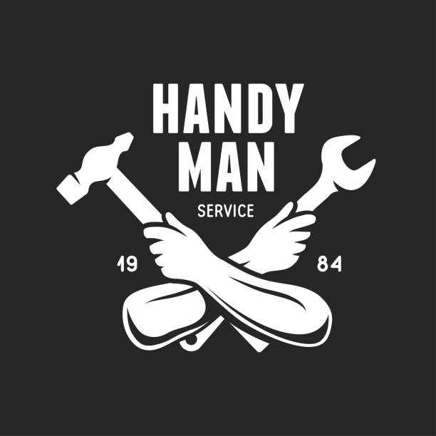 Handyman service label. Carpentry related vector vintage illustration. Handyman service label emblem badge. Tools silhouettes. Carpentry related vector vintage illustration. hand wrench stock illustrations