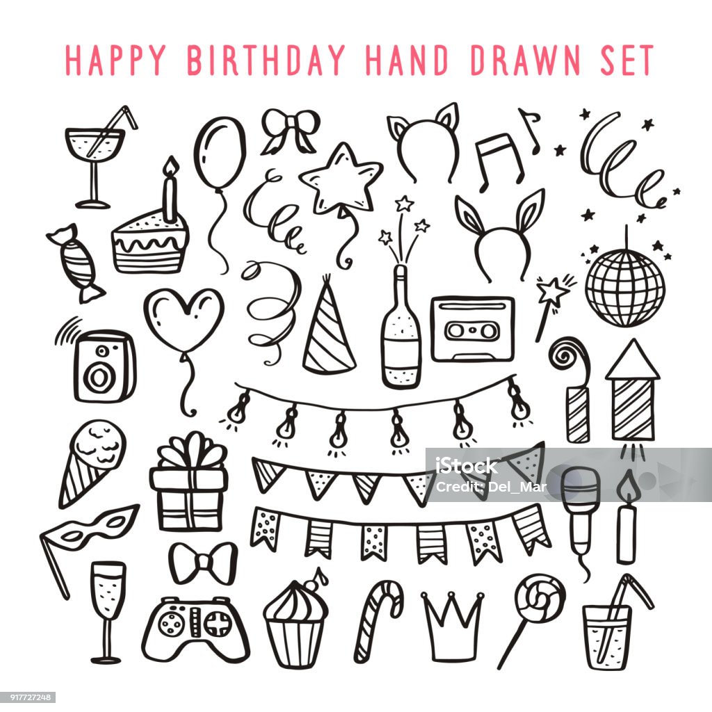 Happy birthday hand drawn set. Vector vintage illustration. Happy birthday hand drawn set. Holidays related design elements collection. Vector vintage illustration. Party - Social Event stock vector