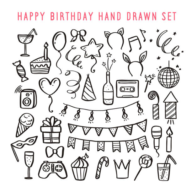 Happy birthday hand drawn set. Vector vintage illustration. Happy birthday hand drawn set. Holidays related design elements collection. Vector vintage illustration. doodle stock illustrations