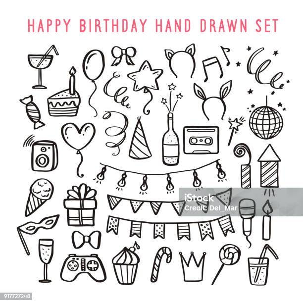 Happy Birthday Hand Drawn Set Vector Vintage Illustration Stock Illustration - Download Image Now