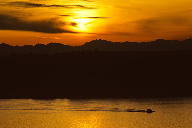 Puget Sound is a special body of water that belongs exclusively to Washington State. From the saltwater marshland of Olympia and Nisqually to the windy Strait of Juan de Fuca and the San Juan Islands, Puget Sound exhibits a quiet beauty that is quintessentially Washington. Puget Sound and its adjacent waters form a vast inland extension to the Pacific Ocean. Its complex network of straits, bays, canals and inlets give Western Washington a distinctive personality. Puget Sound along with its surrounding mountains has a major effect on the region's temperate climate. The area was first visited by Europeans in 1792 with British explorer George Vancouver's expedition. Captain Vancouver gave the region many of the place names which are still in use today. Not only does Puget Sound have a rich history, it also has some of the greatest scenery in the country. Sunsets over Puget Sound can be especially beautiful and an inspiration to photographers. This sunset over Commencement Bay and the Olympic Mountains was photographed from Point Defiance Park in Tacoma, Washington State, USA.