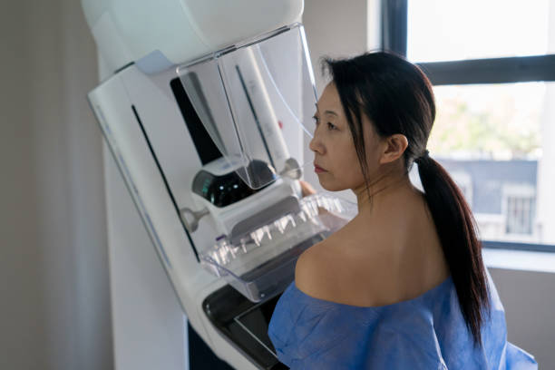 istock Asian female patient getting a mammogram exam looking very serious 917730112