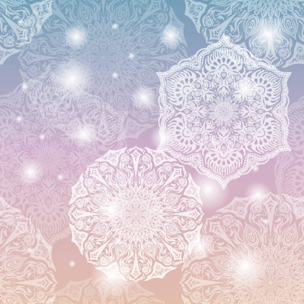 illustrations, cliparts, dessins animés et icônes de fleuri florale texture transparente, motif sans fin avec des éléments de mandala lumineux incandescents - dandelion snow