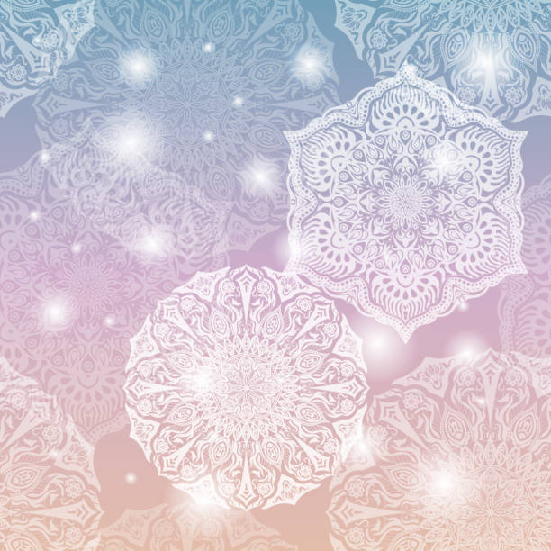 illustrazioni stock, clip art, cartoni animati e icone di tendenza di texture floreale decorata senza cuciture, motivo infinito con elementi mandala luminosi incandescenti - dandelion snow immagine