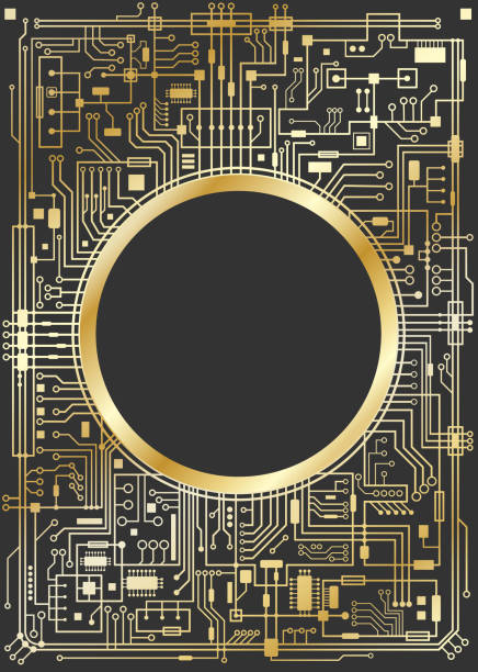 tło cyfrowe z pionowym chipsetem złotym - gold chain chain circle connection stock illustrations