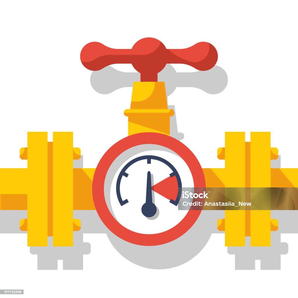 Gas pipeline with a valve and a manometer. Gas pipeline with a valve and a manometer. Vector illustration flat design. Industry system isolated on white background. Wheel to open closing flow. Yellow pipe, cartoon style. Backgrounds stock illustration