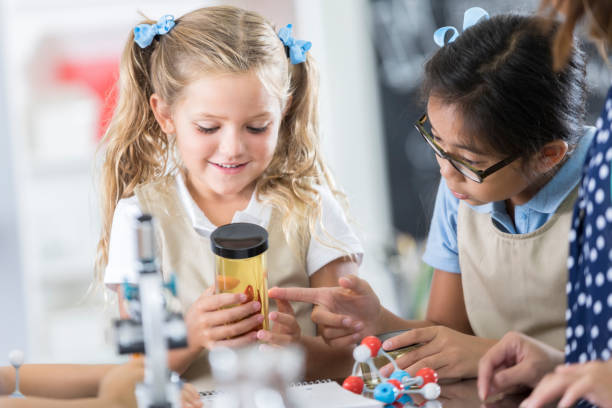 istock Curious schoolgirls examine something in specimen container 917744800
