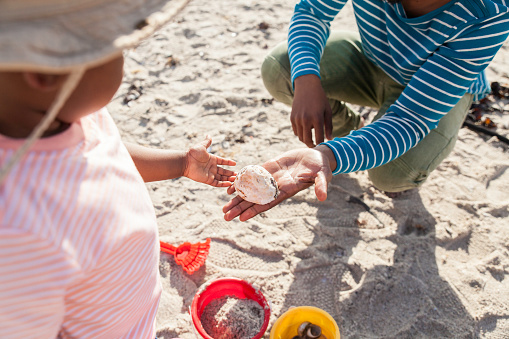 African father hands his son a seashell while they play together on the beach.