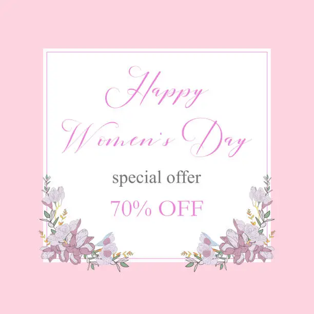 Vector illustration of Womans Day collection sale banners.Sale Discount 8 March Happy Women s Day poster. Eighth March gift card. Spring Holiday Sale. Futuristic, promotion design. Advertising, Marketing, greeting cards, gifts etc