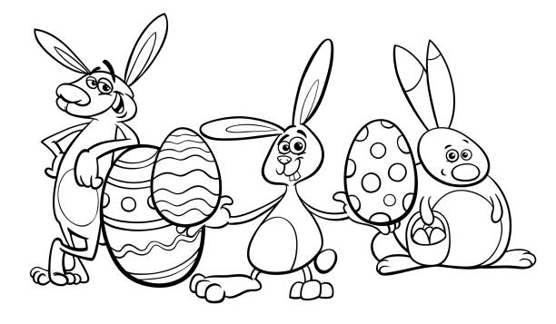 ilustrações, clipart, desenhos animados e ícones de bunny e ovo de páscoa ilustração cartoon - easter egg paint black and white drawing