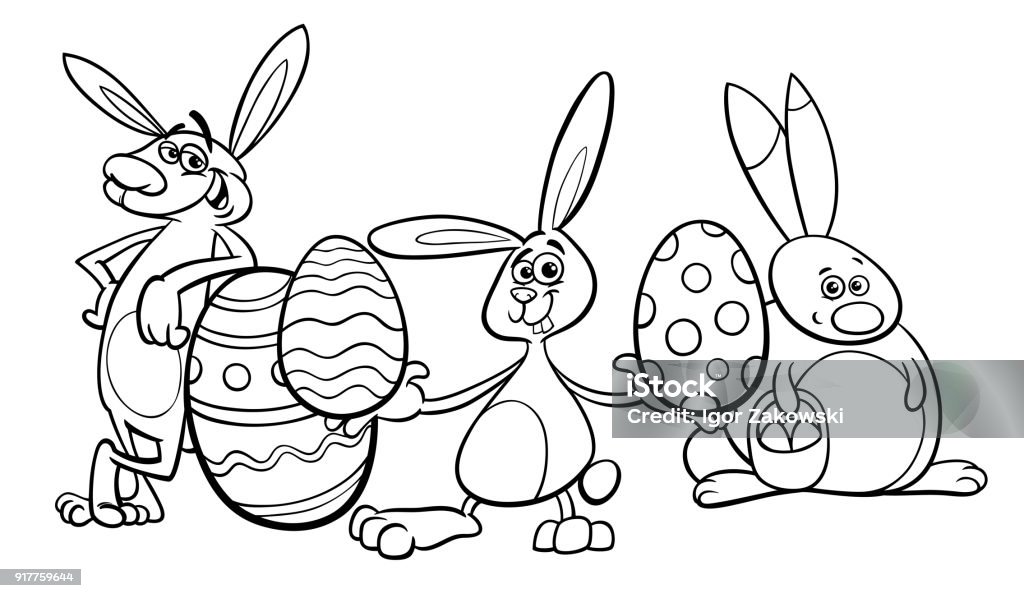 bunny and easter egg cartoon illustration Black and White Cartoon Illustration of Funny Easter Bunnies Characters with Colored Eggs Coloring Book Easter stock vector