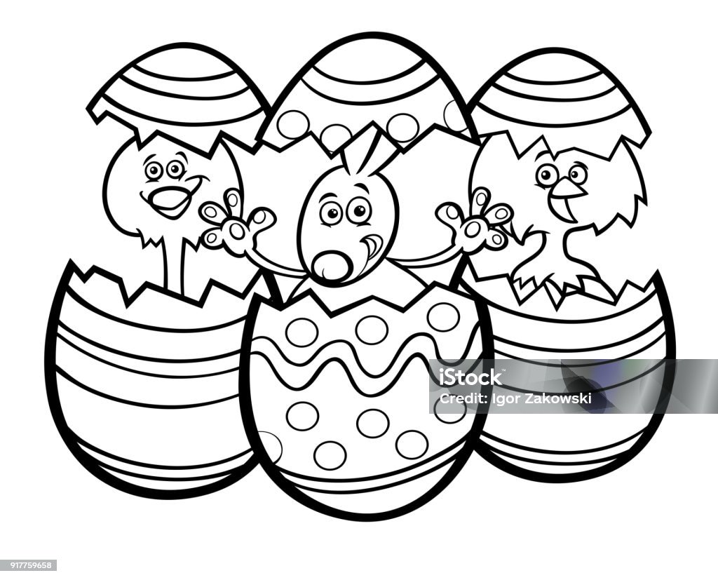 cartoon Easter bunny and chickens color book Black and White Cartoon Illustration of Easter Bunny and Little Chickens in Colorful Eggshells of Easter Eggs Coloring Book Easter stock vector