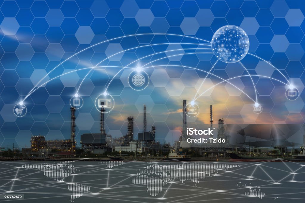 Communication network with multichannel omni channel of Oil and gas refinery at twilight - Petrochemical factory, Technology Smart City with Internet of Things concept Gas Stock Photo