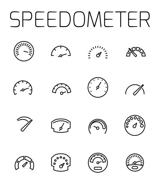 illustrazioni stock, clip art, cartoni animati e icone di tendenza di set di icone vettoriali correlate al tachimetro. - speedometer odometer dial speed