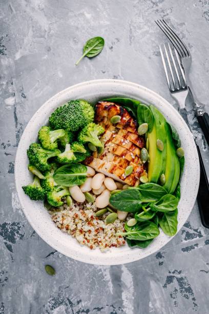 istock Green buddha bowl lunch with grilled chicken and quinoa, spinach, avocado, broccoli and white beans 917763078