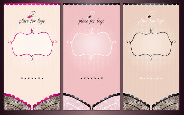 Floral lace bra background. Set of vertical banners for Pajama Party, hen party, lingerie shop, underwear ad Lace floral bra background. Vector lace black lingerie floral pattern stock illustrations