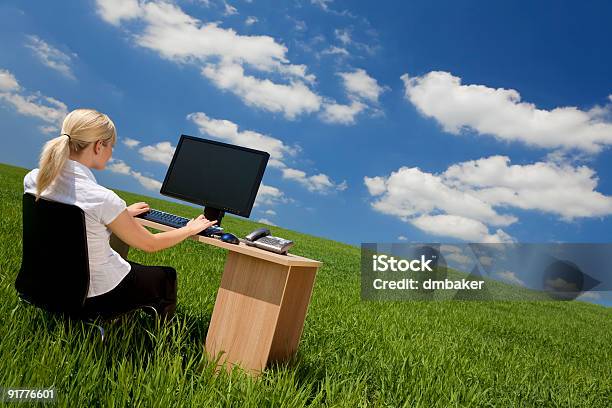 Businesswoman At Desk Using Computer In Green Grass Field Stock Photo - Download Image Now