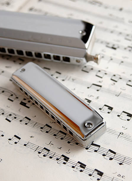 Two harmonica on sheet music stock photo
