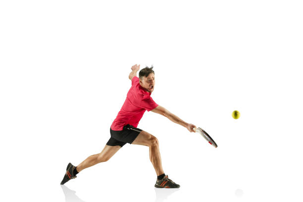 istock one caucasian man playing tennis player isolated on white background 917770980