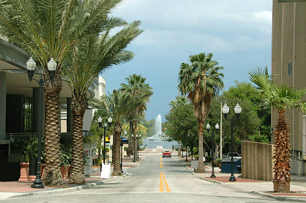 View of the roadway near the Paul N.Thorpe Jr. Park in Downtown Sarasota on a sunny day, Florida.