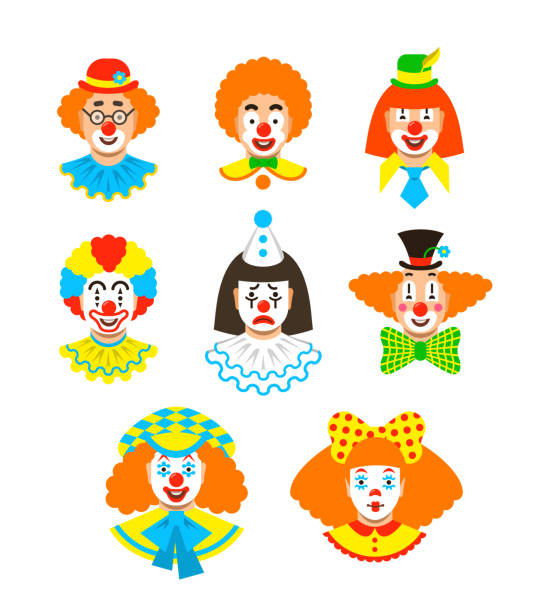 Clown faces different avatars Clown faces different avatars. Vector flat icons. Cartoon illustration. Circus men and girl smiling portraits with different makeup, hair and hats clown stock illustrations