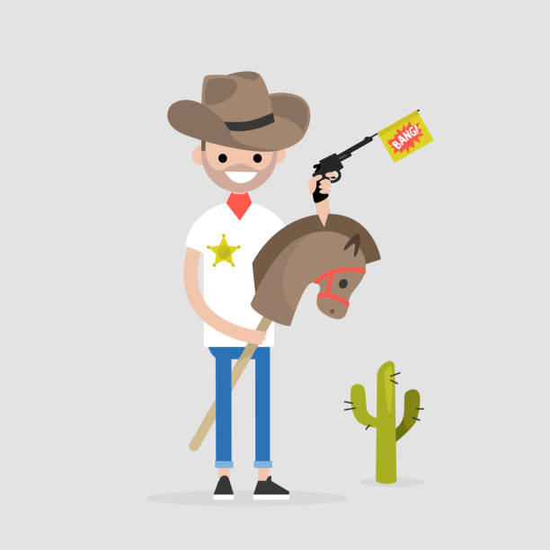 Young funny sheriff riding a hobby horse. Cosplay. Cowboy. Wild West / Flat editable vector illustration, clip art Young funny sheriff riding a hobby horse. Cosplay. Cowboy. Wild West / Flat editable vector illustration, clip art gun laws stock illustrations