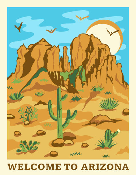 grand canyon-landschaft + berge, felsen, steinen, prärie, wolken, kakteen, sonne. arizona-zustand illustration für reisen poster im retro-stil - grand canyon stock-grafiken, -clipart, -cartoons und -symbole