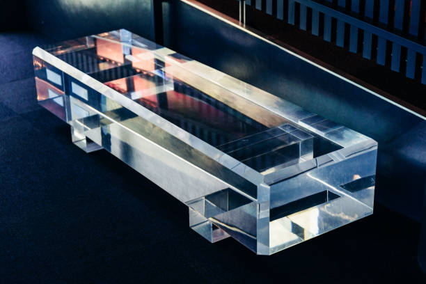 Translucent clear acrylic bench with colourful reflected inside in aquarium at Sapporo in Hokkaido, Japan.