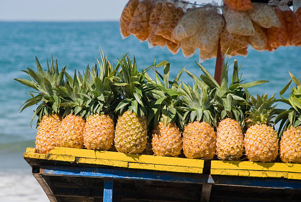 Woman cutting pineapples fruit in Haiti on a long table