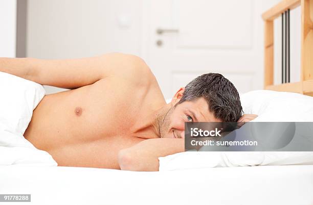 Man In Bed Stock Photo - Download Image Now - Adult, Beautiful People, Beauty
