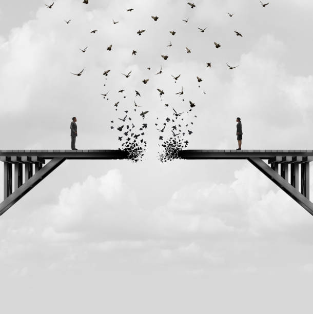 Divorce And Separation Divorce and separation as a couple on a broken fading bridge flying away as a divided relationship concept with 3D illustration elements. relationship difficulties stock pictures, royalty-free photos & images