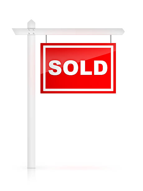 3D illustration of at home shaped target over black background and one arrow in the center with a sign where it is written the word sold. Concept of real estate