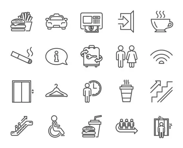 Vector illustration of Public Services line icons. Elevator, Cloakroom.