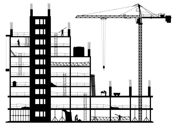 흰색 배경에 건설 현장 - silhouette crane construction construction site stock illustrations