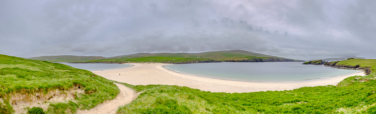 St Ninian's Isle, a small island connected to the mainland by a tombolo, a large natural sand causeway. Shetland Islands, Scotland. (6 shots stitched)