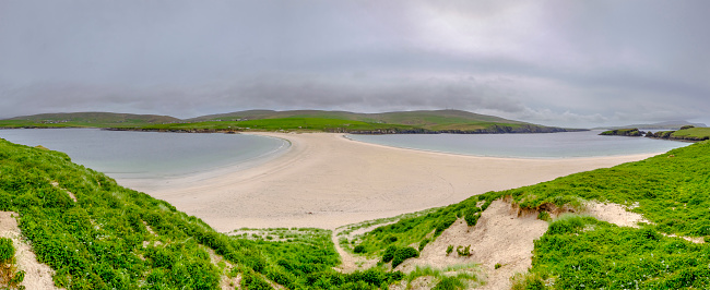 St Ninian's Isle, a small island connected to the mainland by a tombolo, a large natural sand causeway. Shetland Islands, Scotland. (6 shots stitched)